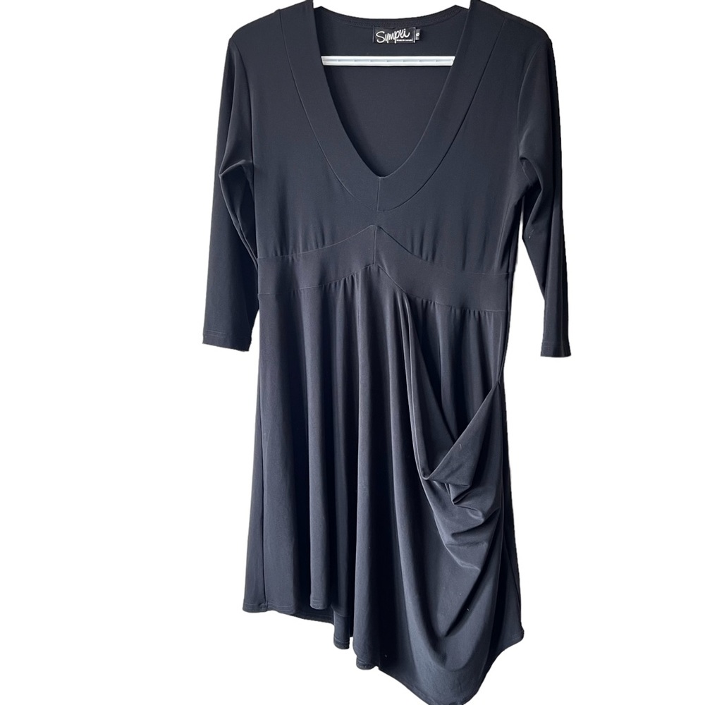 Sympli Black V-Neck Draped Tunic with 3/4 Sleeves